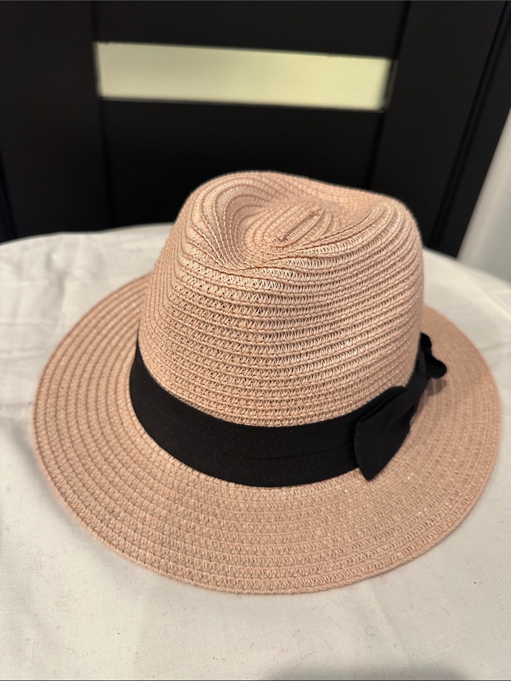 Woven Straw Panama Hat with Black Band - Blush Pink
